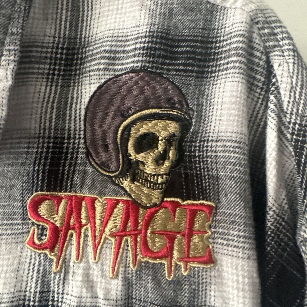 Plaid Flannel Shirt 3XL Embroidered Skull Rose Black White  Long Sleeve Nova Men - Picture 3 of 16